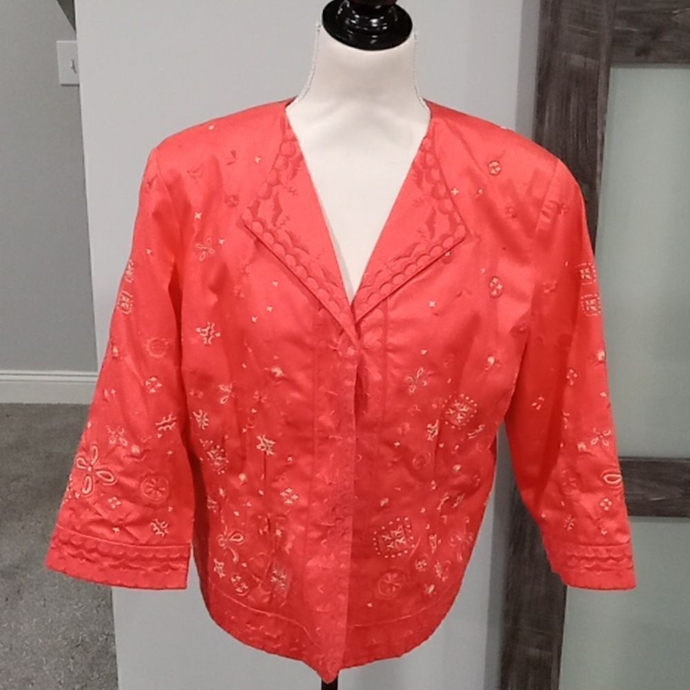 Coldwater Creek  100% cotton 3/4 sleeve oj & white jacket w embroidery size 14